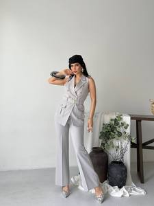 Elegant Women's Sleeveless <b>Blazer</b> Vest With Wide Leg Trousers <b>Set</b> Solid Gray V-Neck Button Front Satin Suit Regular Fit Wear - Product Image 2