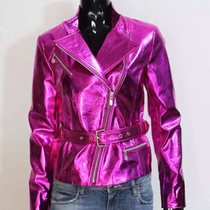 Nueva chaqueta de cuero metálico rosa brillante para mujer, chaquetas de cuero de piel de cordero para motociclista - Product Image 1