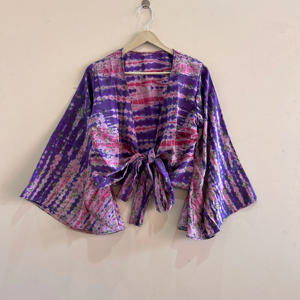 Bell Sleeve Crepe Silk Women Crop Top <b>Tie</b> Dye <b>Wrap</b> Top Vintage Women Blouse - Product Image 1