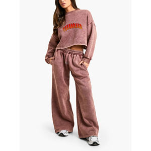 100% coton lavage à l'acide dames survêtement personnalisé bouffée imprimé logo 2 pièces sweat-shirt court et pantalon ample ensemble pour femmes - Product Image 6