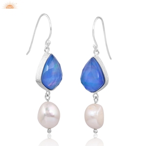 Blue Aurora <b>Opal</b> & Pearl Gemstone Beautiful Handmade Dangle Ear Wire Women <b>Earrings</b> Custom Hand Made Jewellery Manufracturer - Product Image 1