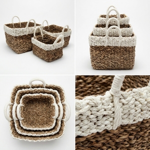 Natural Banana Bark Recycled Plastic Storage <b>Basket</b> Set White Rim <b>Rectangular</b> Arch Handle Shelf Box Setup Decor Pure Art Design - Product Image 3