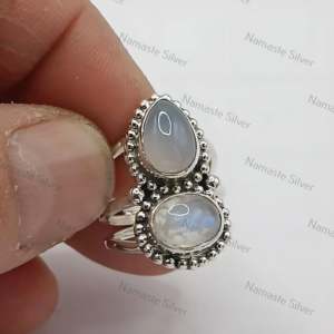 Chalcedony & Rainbow Moonstone Dual Gemstone Boho <b>Ring</b> Retro Style Handmade Sterling <b>Silver</b> <b>Statement</b> Jewelry Gift for Her - Product Image 5