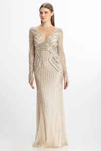 Robe de soirée en satin à manches longues, col en V, avec broderie et perles, très vendue pour le printemps et l'automne, antistatique - Product Image 5