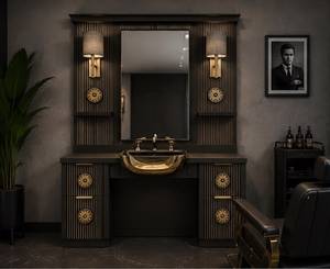 Modern Black Wood Barber Shop <b>Salon</b> Sink Cabinet with Double Octagonal <b>Mirror</b> and <b>Storage</b> Shelves Commercial Furniture - Product Image 4