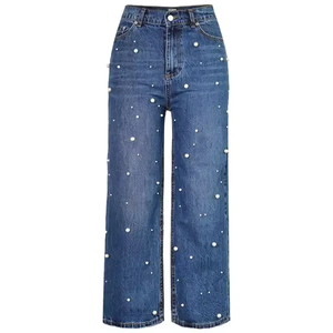 New Factory Offer Custom Fashionable High Waist <b>Dark</b> <b>Blue</b> Hot Selling Women Baggy <b>Denim</b> <b>Jeans</b> Flared Trousers - Product Image 4