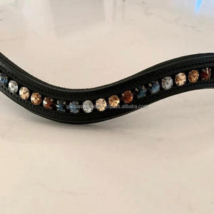 สายรัดคิ้วม้าหนังแท้สีดำอ่อนนุ่ม,ที่รองและเย็บเย็บพร้อมคริสตัลสีฟ้าบุษราคัมสีทองนุ่มนุ่ม - Product Image 6