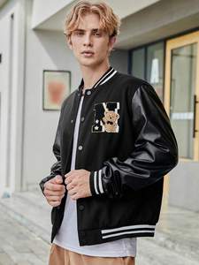 Chaqueta de bombardero de béisbol Varsity con diseño de letras universitarias para hombre, cuerpo de mezcla de lana, Mangas de cuero PU, ropa de calle, ropa de abrigo de invierno - Product Image 2