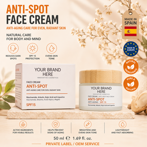 Crema Viso Anti-Macchie Private Label 50ml OEM |   Niacinamide Arbutina Acido Kojico SPF15 |   Illuminante Vegano Spagna UE - Product Image 1