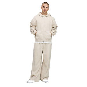 Conjunto Deportivo de Felpa Gruesa Beige para Hombre, Sudadera con Capucha y Cremallera Completa y Pantalones Deportivos de Pierna Ancha, Algodón Peinado Suave, Ropa de Calle de Invierno - Product Image 1
