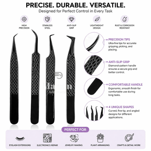 Ensemble de 4 pinces à cils professionnelles pour extensions de cils, courbées, angulaires, de précision, en acier inoxydable, antidérapantes - Product Image 2