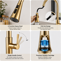Robinet de cuisine de luxe en laiton massif, finition or brossé, monocommande, douchette haute à double mode, montage sur comptoir, pour hôtels et restaurants