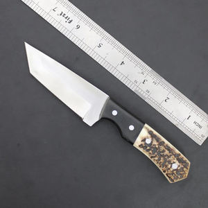 Couteau de chasse artisanal en corne de cerf, lame pleine, avec étui en cuir - Product Image 2