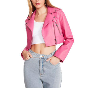 Veste en cuir véritable courte et élégante, décontractée sans effort, fermeture éclair asymétrique sur le devant, poches latérales, fourrure, polyester enduit, ODM - Product Image 2