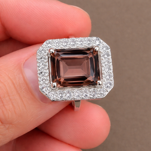 Emerald Cut Smoky <b>Quartz</b> Cocktail <b>Ring</b> 925 Sterling Silver Rhodium Plated Prong Setting Women's Luxury Geometric Engagement <b>Ring</b> - Product Image 1