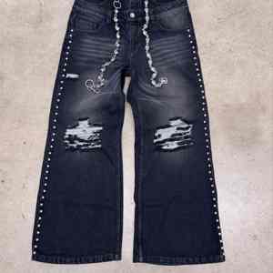 Pantalones Vaqueros Negros con Pedrería, Estilo Urbano, Corte Holgado, Brillantes, Jeans de Moda para Hombre, Casuales, Pierna Ancha, Personalizados, al por Mayor - Product Image 1