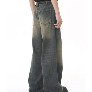 Pantalon en jean décontracté coupe droite style streetwear avec logo personnalisé, délavage vieilli pour usage quotidien - Product Image 2