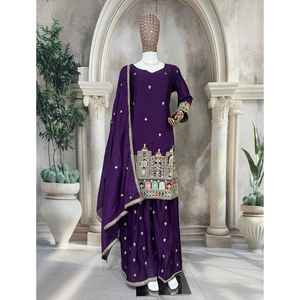 Lanzamiento de un nuevo y moderno Sharara Palazzo de diseñador para fiestas, con tela de seda Chinon pura y bordes de encaje reversibles. - Product Image 1