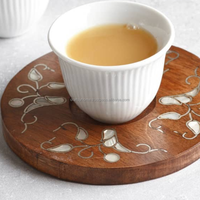 Sous-verres ronds d'incrustation de nacre en bois, personnalisés en usine, en vrac pour la décoration de fête de mariage, à utiliser en vente