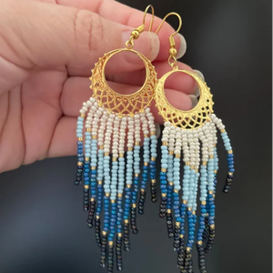 <b>Blue</b> Bead Woven Geometrical Fringe <b>Earrings</b> - Product Image 1