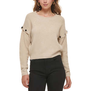 Maglione da donna DKNY beige taglia XL con spalle scese, maniche lunghe, traspirante e caldo, stile coreano con logo frontale, per l'autunno - Product Image 1