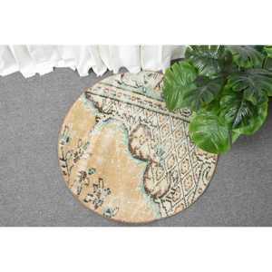 Turkish 2.3x2.3 ft Eco-Friendly Traditional <b>Wool</b> Rug Vintage Round Rug <b>Brown</b> Patchwork Latex Backing Rug - Product Image 1