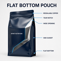 Pochette à fond plat en poudre protéinée à finition métallique, imprimée sur mesure, refermable, pour compléments sportifs