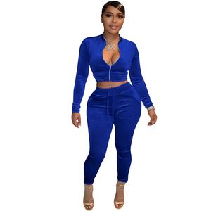 Ensemble deux pièces skinny assorti en velours pour femmes haut court à col zippé + pantalon à cordon de serrage survêtement fournisseur RTS en gros - Product Image 6