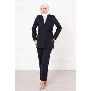 Conjunto de Traje con Chaqueta Azul Marino para Mujer con Lazos Laterales - Product Image 1
