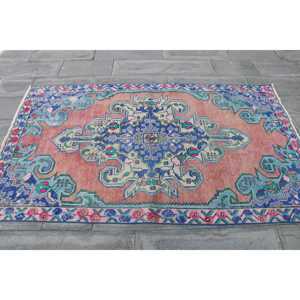4.3x7.1 ft Vintage Turkish Rug, Area Rug, <b>Red</b> Blue Striped <b>Wool</b> Rug - Product Image 4