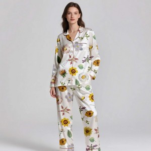 Adult <b>Silk</b> Satin 2-Piece Full-Length Long Sleeve Luxury Nightwear Set Breathable Soft Digital Printed Pajamas - Product Image 4