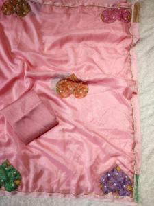 Sari en soie Tebby pure rose bébé avec fleur imprimée travail à la main le plus à la mode exportation dernière blouse exclusive fête mariage porter femmes - Product Image 3