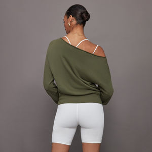 Haute qualité personnalisé femmes Baggy à manches longues ourlet brut sweat hors épaule goutte-épaule impression hiver éponge tissu - Product Image 3