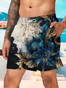 กางเกงขาสั้นชายหาดสุดเท่สำหรับผู้ชาย ลายพิมพ์ดอกไม้สีน้ำเงินและสีทองสุดโดดเด่น เหมาะสำหรับงานปาร์ตี้ริมสระน้ำช่วงวันหยุดฤดูร้อน - Product Image 5