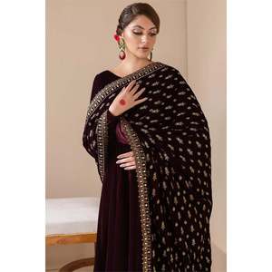 Luxurious Embroidered Velvet <b>Shawl</b> VS-42-Soft Floral & Solid Print Winter Ethnic Style - Product Image 4
