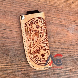 Nouveau Western Tan usiné cuir couteau fourreau en cuir véritable couteau pliant gaine à la main peau de vache ceinture trappeur couteau gaine - Product Image 1