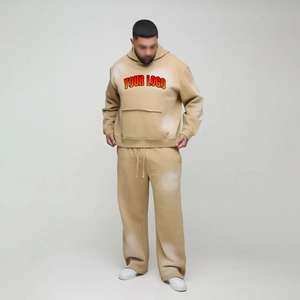 Vintage Men <b>Hoodie</b> and Sweatpants Tracksuit Sunfaded Acid Wash Two Piece Set Custom DTG Screen Print Jogging Outfit OEM 2025 - Product Image 4