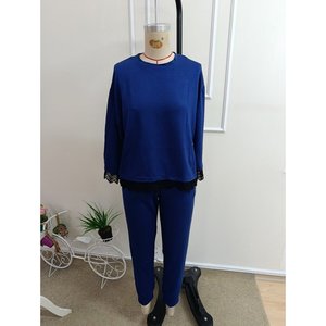 Ensemble deux pièces pour femme, chemisier à manches longues, col rond, dentelle, viscose, deux fils, et pantalon, 37341 - Bleu marine - Product Image 5