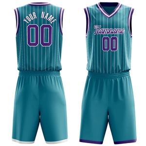 À la mode personnalisé bleu rayé hommes basket uniforme impression personnalisée col en V sans manches Polyester basket-ball uniformes pour hommes porter - Product Image 2