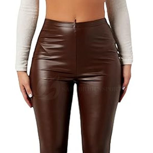 กางเกงหนังผู้หญิงเอวกลางเอวแฟชั่นฤดูใบไม้ร่วงฤดูหนาวสีพื้นเรียบระบายอากาศได้อย่างรวดเร็วลำลอง - Product Image 6