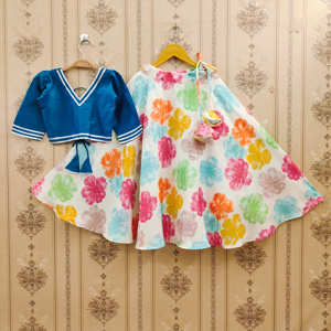 Shoryam Fashion Girls' Children's Ethnic <b>Lehenga</b> Choli Set Multicolor Floral Printed Polyester Floor-Length Flared | Party Wear - Product Image 1