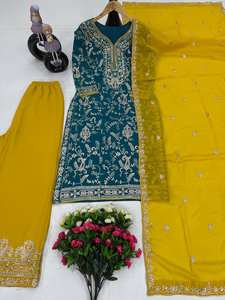 NOUVEAU DESIGNER Fatema Fashion HEAVY FUAX GEORGEET FANCY TOP SALWAR KAMEEZ SET EMBROIDERY SEQUENCES WORK REAL MIRROR HAND WORK - Product Image 2