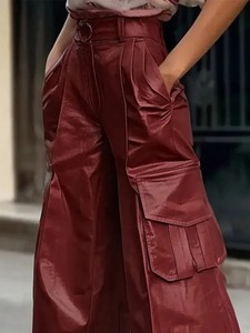 Pantalones urbanos ligeros de cintura alta a la moda informal de otoño 2025 para mujer, pantalones holgados de PU sintética de pierna ancha de Color sólido con bolsillos - Product Image 2
