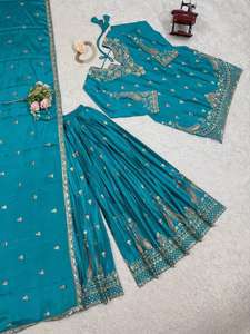 Nuevo diseñador pesado fiesta boda desgaste Chinon hilo de seda con Secuencia bordado trabajo Top y Palazzo con encaje trabajo Dupatta - Product Image 5