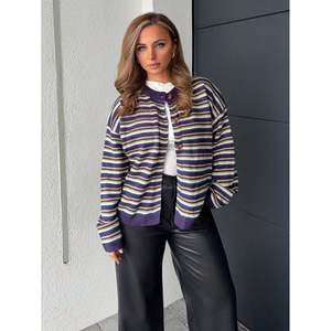 Cardigan long rayé boutonné pour femme, en tricot simple, pour le printemps, l'automne et l'hiver - Product Image 1