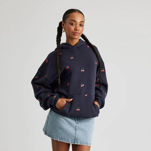 Custom OEM Puff Printed Logo High Quality Women <b>Hoodies</b> & <b>Sweatshirts</b> Dark Blue Pullover Heavyweight Cotton Oversized Hoodie - Product Image 1