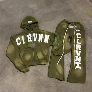 Personalizado de los hombres de talla grande de verano transpirable Zip-up Sudadera con capucha pantalones de chándal estilo Vintage bordado apliques conjunto 100% algodón - Product Image 6