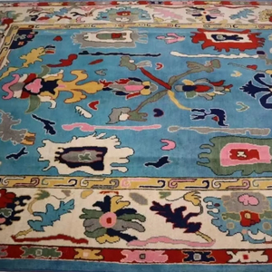 Alfombra Oushak tradicional Vintage de diseño turco contemporáneo, juego de 10x14, 12x15, lana anudada azul alta para sala de estar, algodón - Product Image 1