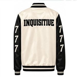 Men's Cream <b>Black</b> Varsity <b>Jacket</b> With Letter I And 777 Print Preppy Style Turn-down Collar Single Breasted Autumn Wear - Product Image 3