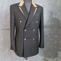 Costume Homme Noir Croisé à Revers Pointus avec Insert Contrastant Camel, Boutons Dorés, Poches à Rabat – Costumes d'Affaires Formels Sur Mesure (MTM)